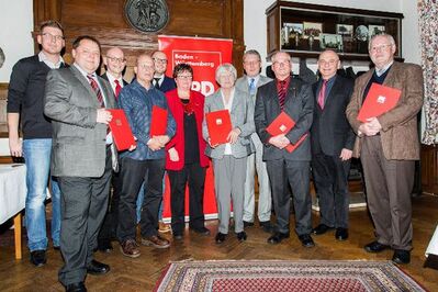 Jubilare mit MdL Klaus Maier,Josef Mischko, Kreisvorsitzender, und BM Fehrenbacher